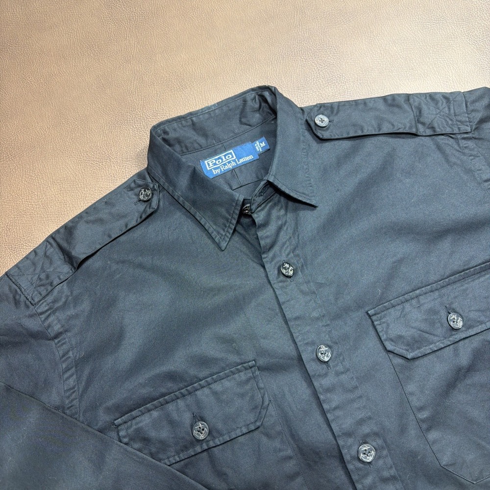 VTG Polo Ralph Lauren Military Shirt Men's M Black Navy Nautical Cargo Baggy 90s